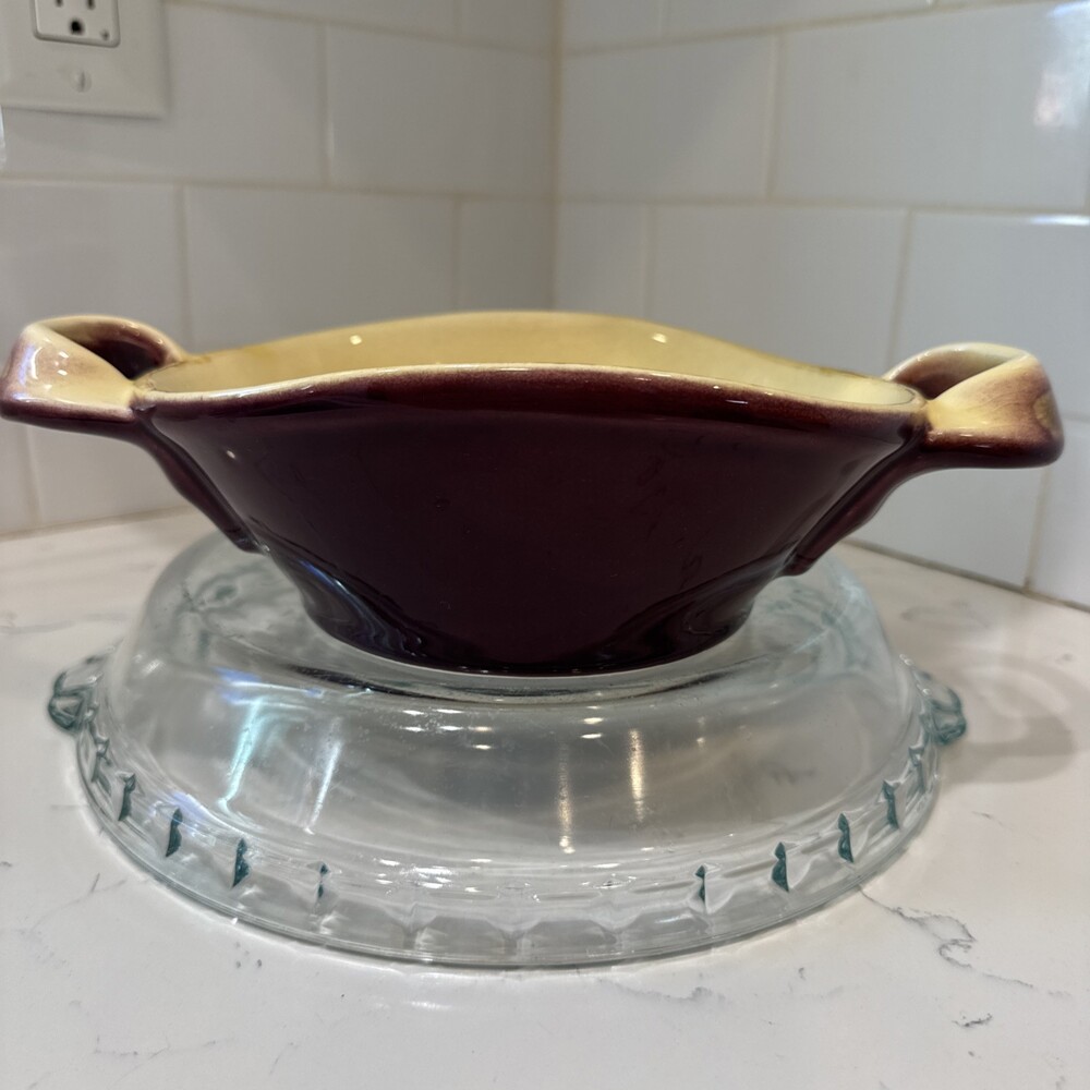 Vintage Il Nodo Ceramic Serving Dish Bowl Eggplant and Cream ~ ITALY